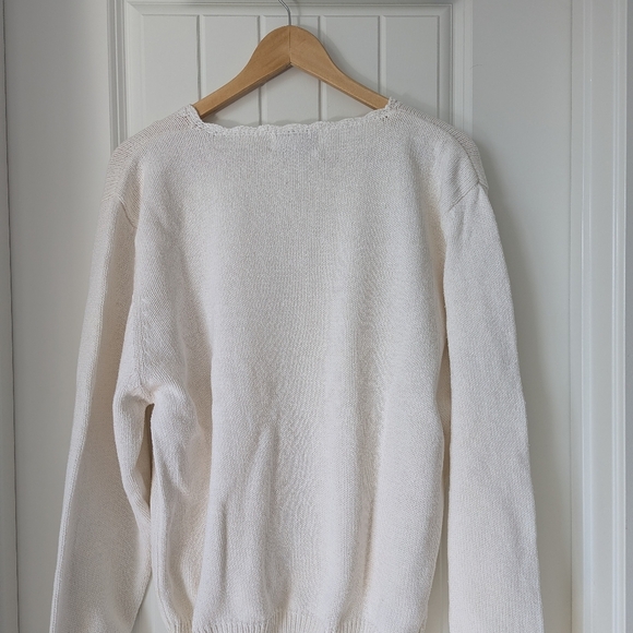 Vintage 100% Cotton Ivory Sweater with embroidered flowers and pearls Size Large - Picture 9 of 10